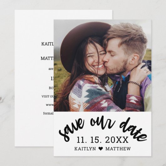 Modernes Black Script-Foto Minimalistisch Wedding Save The Date (Vorne/Hinten)