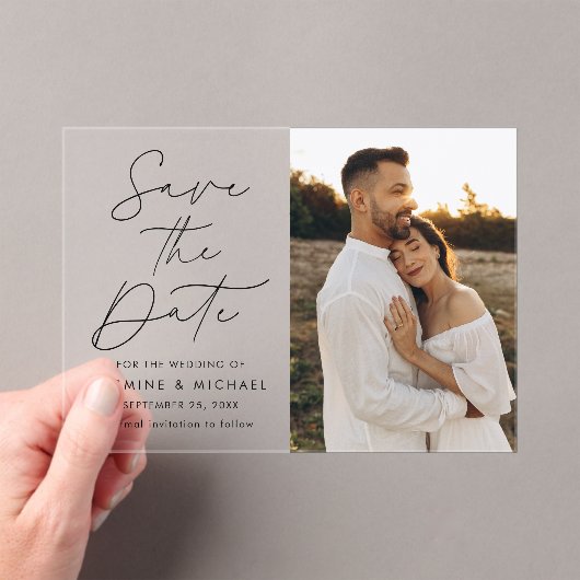 Modernes Black Script-Foto Save the Date Acryleinladungen (Insitu (Handheld))