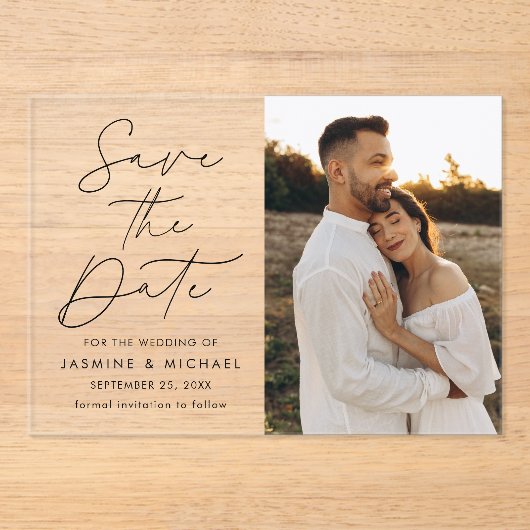 Modernes Black Script-Foto Save the Date Acryleinladungen (Vorderseite)