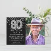 Modernes Black & Silver 80. Überraschung Geburtsta Einladung (Stehend Vorderseite)