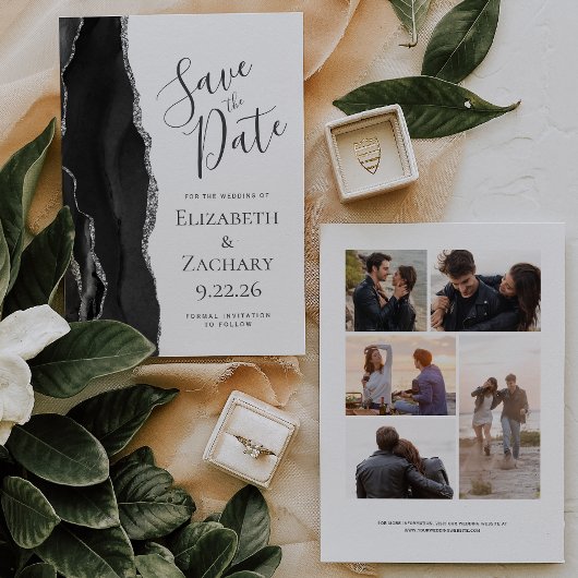 Modernes Black Silver Agate 5-Foto Save the Date