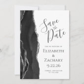 Modernes Black Silver Agate Foto Save the Date (Vorderseite)