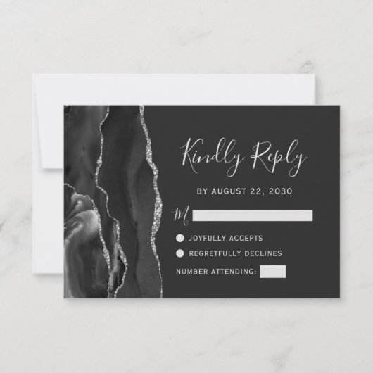 Modernes Black Silver Agate Wedding RSVP (Vorderseite)