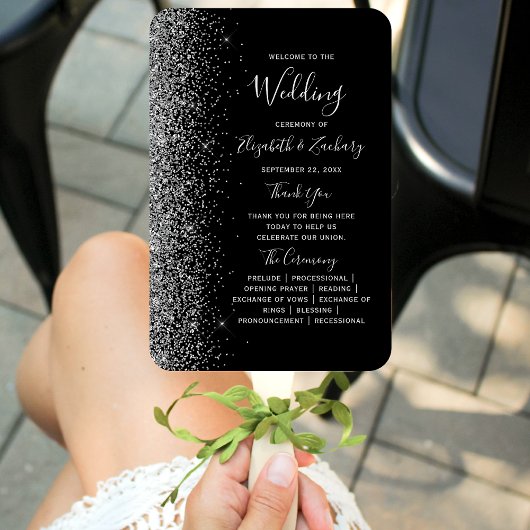 Modernes Black Silver Glitzer Edge Wedding Program Fächer