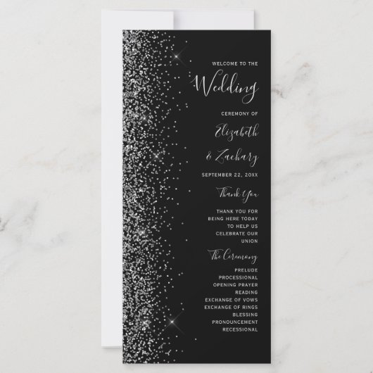 Modernes Black Silver Glitzer Hochzeitsprogramm (Vorderseite)