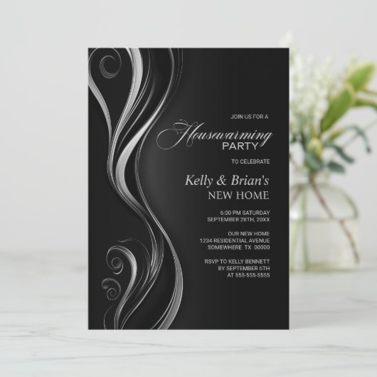 Modernes Black Silver Housewarming Party Einladung (Stehend Vorderseite)