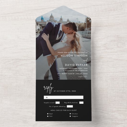 Modernes Black Simple Wedding Foto All In One Einladung (Innen Boden)
