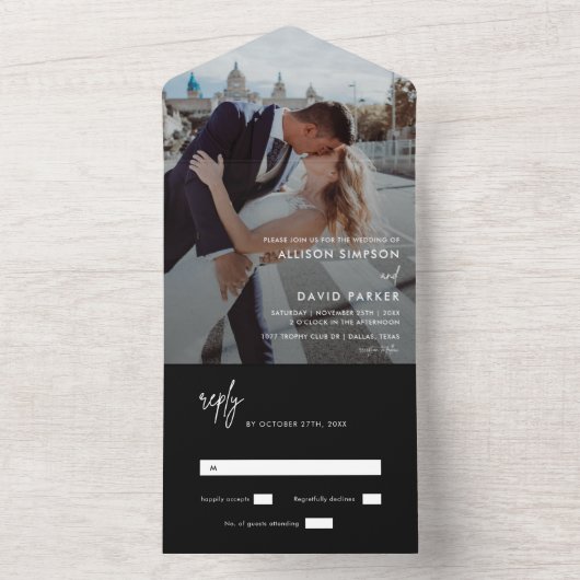 Modernes Black Simple Wedding Foto No Menu All In One Einladung (Innen Boden)