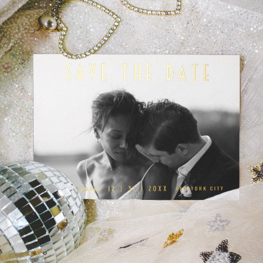 Modernes Black Wedding Foto Save the Date Gold Folie Einladungspostkarte