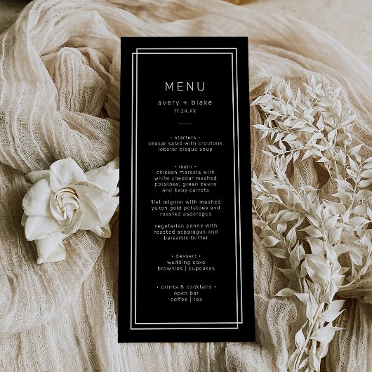 Modernes Black Wedding Menu / AVERY Suite Menükarte
