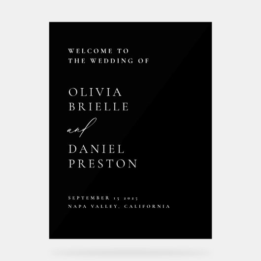 Modernes Black Wedding Minimalistisch Welcome Sign Acrylschild (Vorderseite)