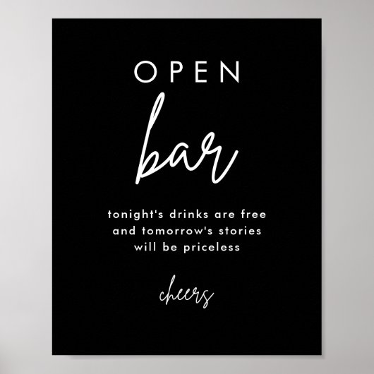 Modernes Black Wedding Open Bar Table Sign Poster (Vorne)