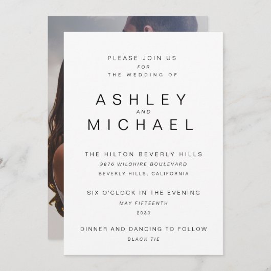 MODERNES BLACK & WHITE Einfaches Foto Hochzeit Einladung (Vorne/Hinten)