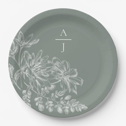 Modernes Blatt-Green Monogram-Floral Paper Plate Pappteller (Vorderseite)