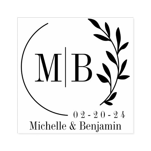 Modernes Blatt Monogramm mit Datum und Name Gummistempel (Prägung)