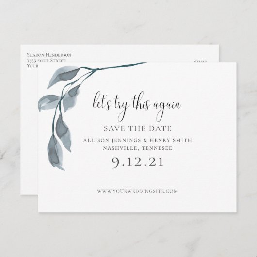 Modernes Blau ändert das Datum Hochzeit Save the D Ankündigungspostkarte (Vorne/Hinten)