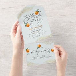 Modernes Blau eine kleine Süsse Orange Baby Dusche All In One Einladung