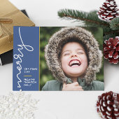 Modernes Blau Frohe Weihnachts-Script-Foto Karte