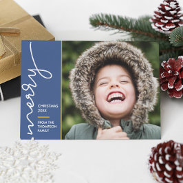 Modernes Blau Frohe Weihnachts-Script-Foto Karte