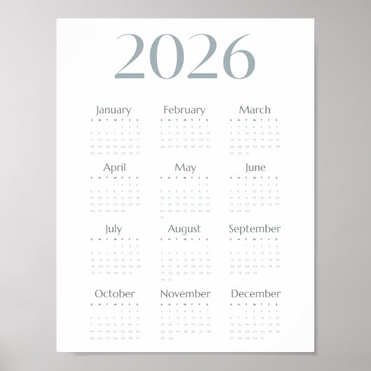 Modernes Blau-Grau 2026 Kalender Einfach Einseitig Poster (Vorne)