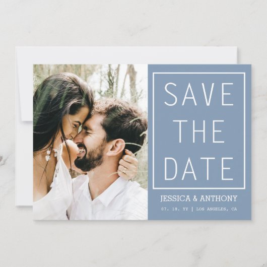 Modernes, blau Save the Date Foto QR-Code Einladung (Vorderseite)