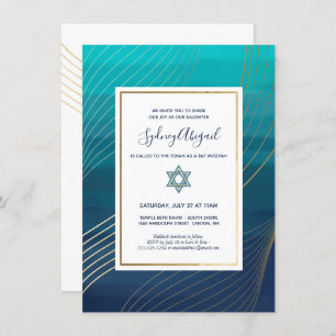 Modernes Blau und Gold Bat Mitzvah oder Bar Mitzva Einladung