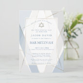 Modernes Blau und Grau Lines Bar Mitzvah Einladung (Stehend Vorderseite)