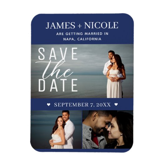 Modernes Blau und Weiß Save the Date Hochzeit 3 Fo Magnet (Vertikal)