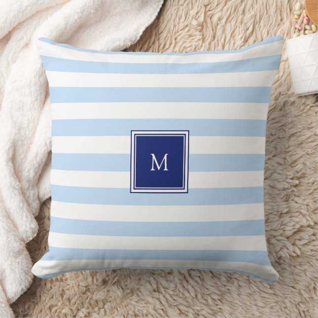 Modernes blau-weiß gestreiftes Monogramm-Muster Kissen (Decke)