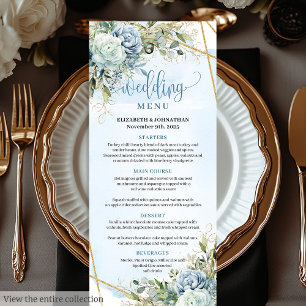 Modernes, blaue Blumen Weißes Gold-Hochzeitmenü Menükarte