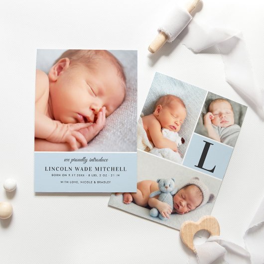Modernes, blauer Baby-Baby-Foto Collage Geburt Ankündigung