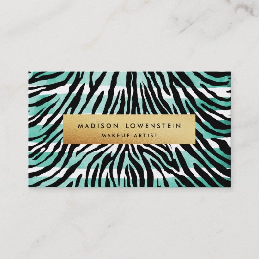 Modernes blaues Aquarell Stripes Zebra-Muster-Gold Visitenkarte (Vorderseite)