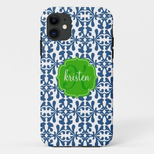 Modernes blaues Arabeske-Damast-Grün Case-Mate iPhone Hülle (Rückseite)