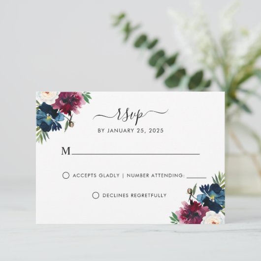 Modernes blaues Burgund Elegantes Blumenwetter R RSVP Karte (Stehend Vorderseite)