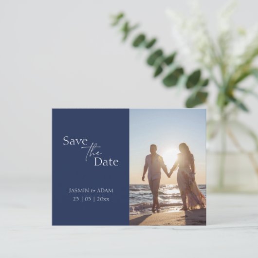 Modernes blaues Foto für Hochzeiten der Marine ret Postkarte (Stehend Vorderseite)