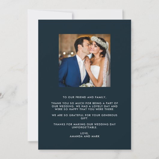 Modernes blaues Foto Hochzeit Dankeschön Karten (Rückseite)