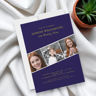 Modernes, blaues Gold mit drei Fotos - Geburtstag Einladung