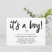 Modernes blaues Herz mit einer Baby-Dusche Einladung (Stehend Vorderseite)