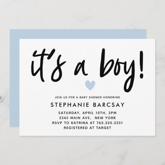 Modernes blaues Herz mit einer Baby-Dusche Einladung (Vorne/Hinten)