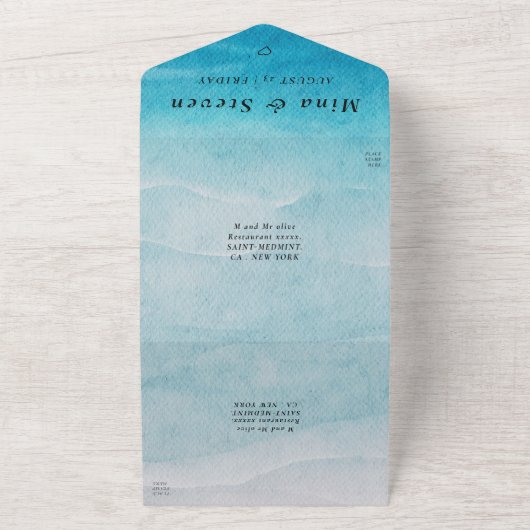 Modernes blaues Meer Wasserfarbe All In One Einladung (Außenbereich)