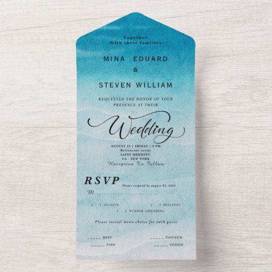 Modernes blaues Meer Wasserfarbe All In One Einladung (Innen Boden)