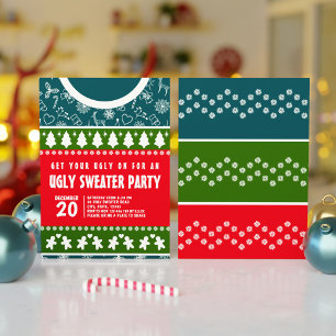Modernes, blaues Rot und grünes Ugly Sweater Xmas Einladung