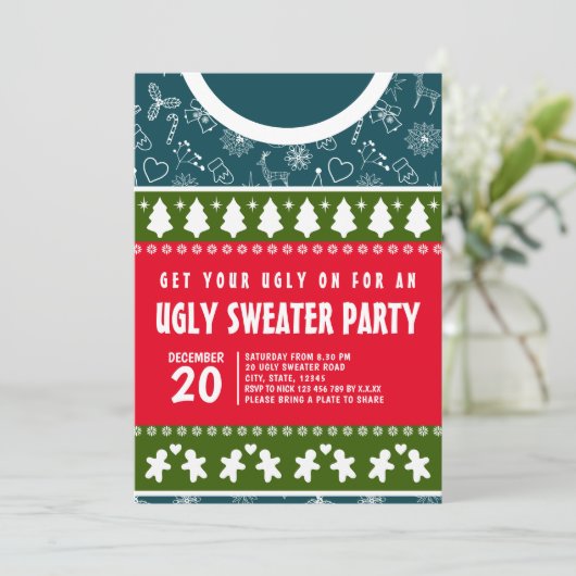 Modernes, blaues Rot und grünes Ugly Sweater Xmas Einladung (Stehend Vorderseite)