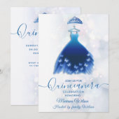 Modernes blaues Schmetterlingskleid Tiara Quince Einladung (Vorne/Hinten)