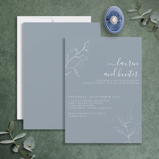 Modernes, blaues Script, botanische Hochzeitseinla Einladung