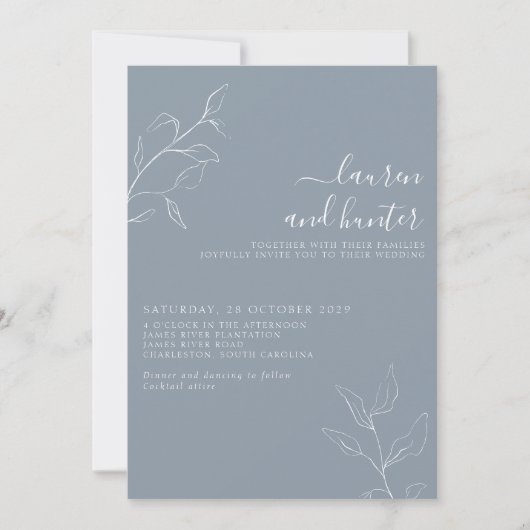 Modernes, blaues Script, botanische Hochzeitseinla Einladung (Vorderseite)