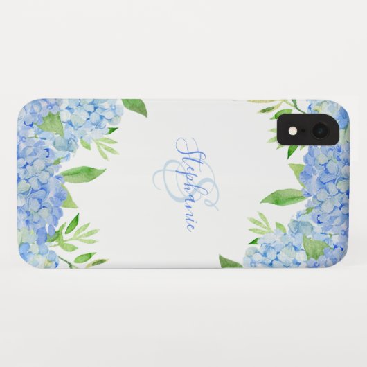 Modernes Blaulblau-Hydrangea Wasserfarbenmonogramm Case-Mate iPhone Hülle (Rückseite (Horizontal))