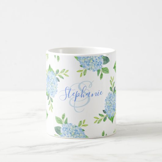 Modernes Blaulblau-Hydrangea Wasserfarbenmonogramm Kaffeetasse (Mittel)