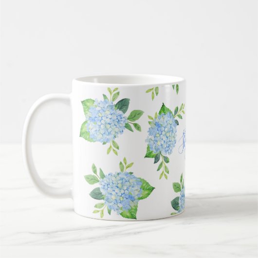Modernes Blaulblau-Hydrangea Wasserfarbenmonogramm Kaffeetasse (Links)