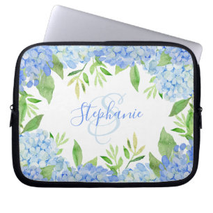 Modernes Blaulblau-Hydrangea Wasserfarbenmonogramm Laptopschutzhülle